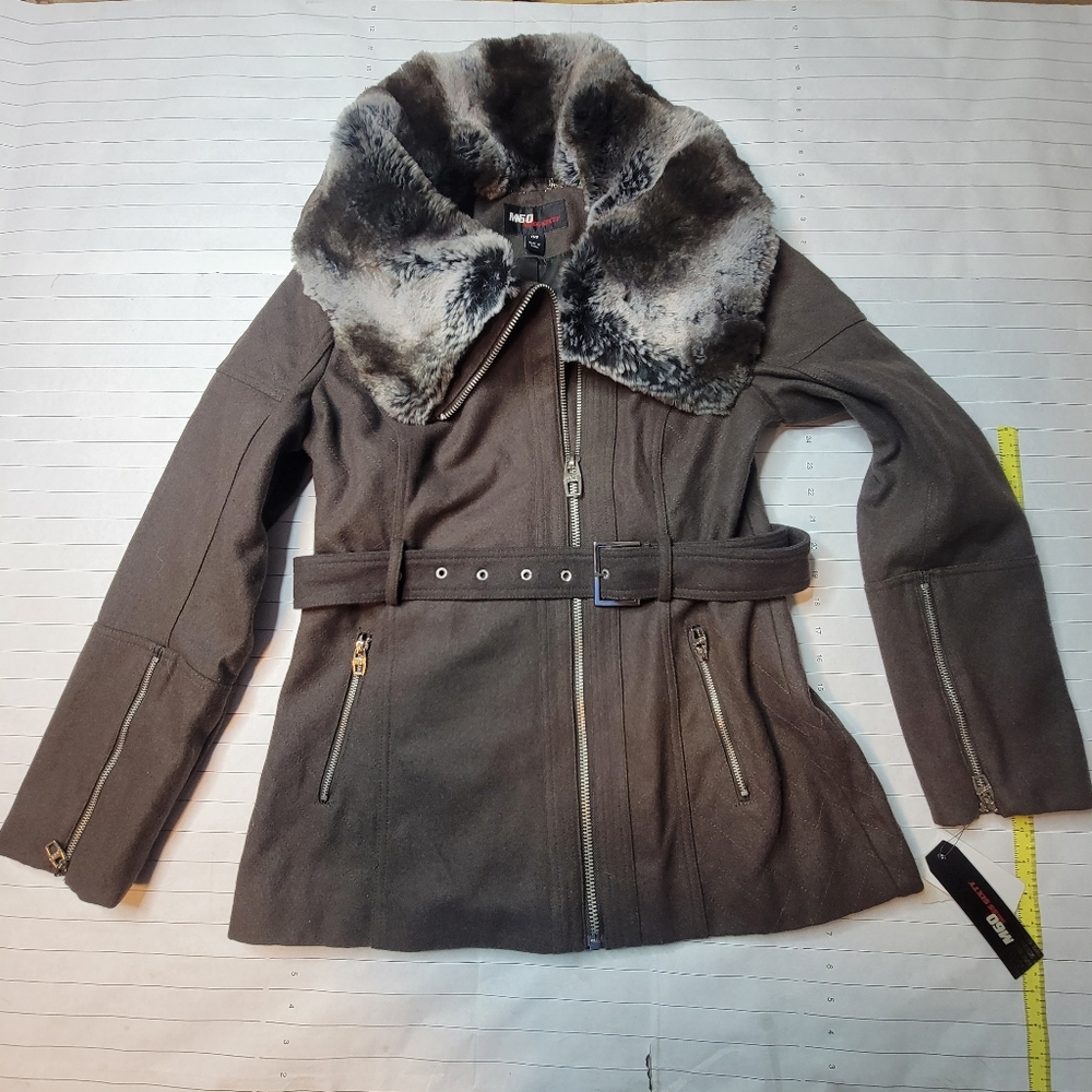 MISS SIXTY M60 Wool Peacoat Jacket Coat Womens M Faux Fur Collar Belted Y2K Zip